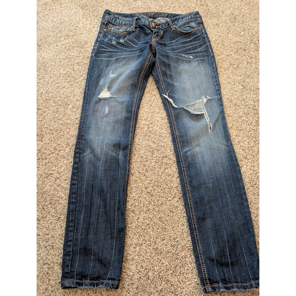 Express Ultra Skinny Low Rise Distressed Dark Wash Jeans Size 6 Ripped Knee Y2K